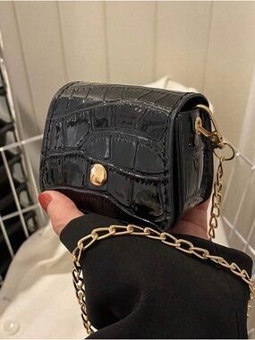 Black Faux Croc-Embossed Patent Mini Crossbody Bag w/Gold Chain NWOT
